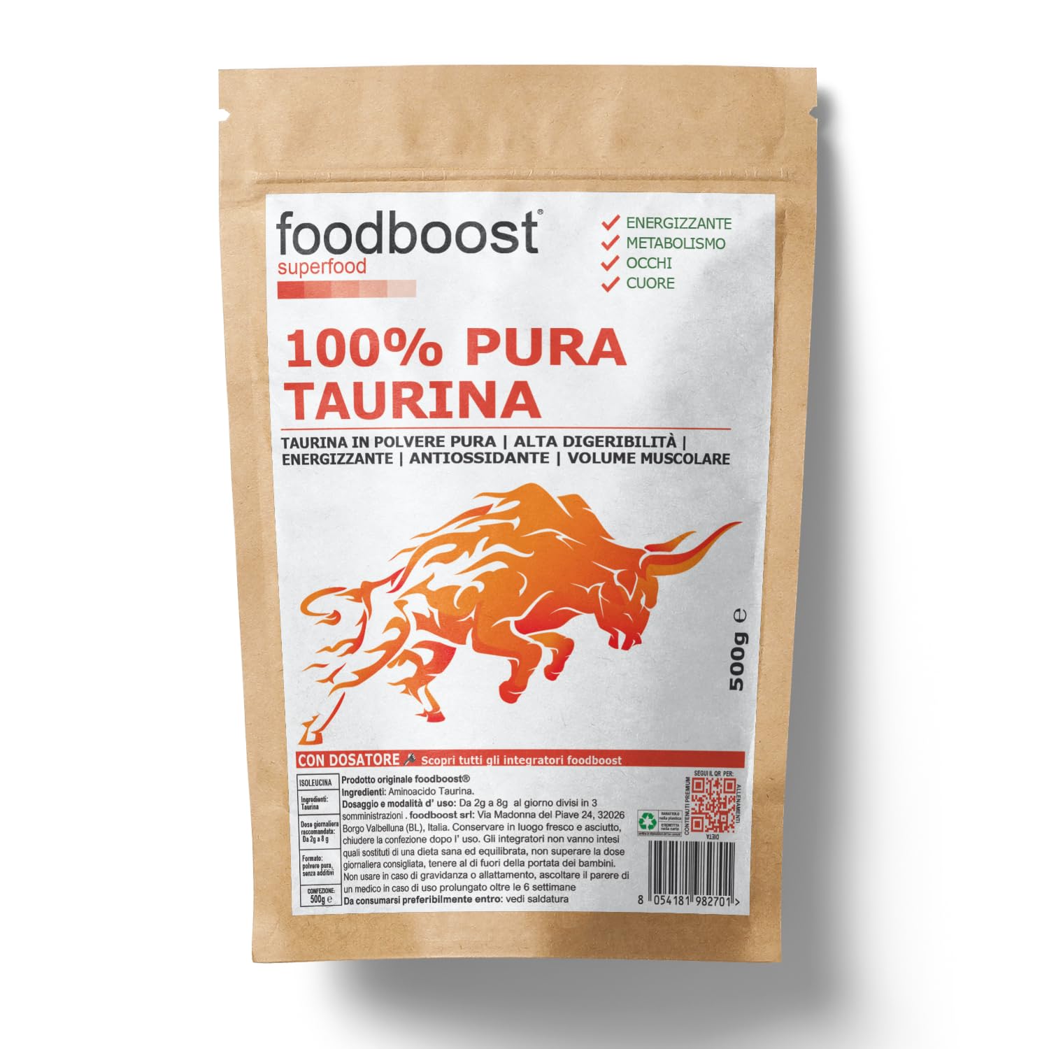 Taurina pura in polvere 500 g foodboost - Ø additivi, dosatore - ipertrofia muscolare - libido - vista, marchio di fiducia italiano, integratore taurina pre workout/post workout - 500 DOSI