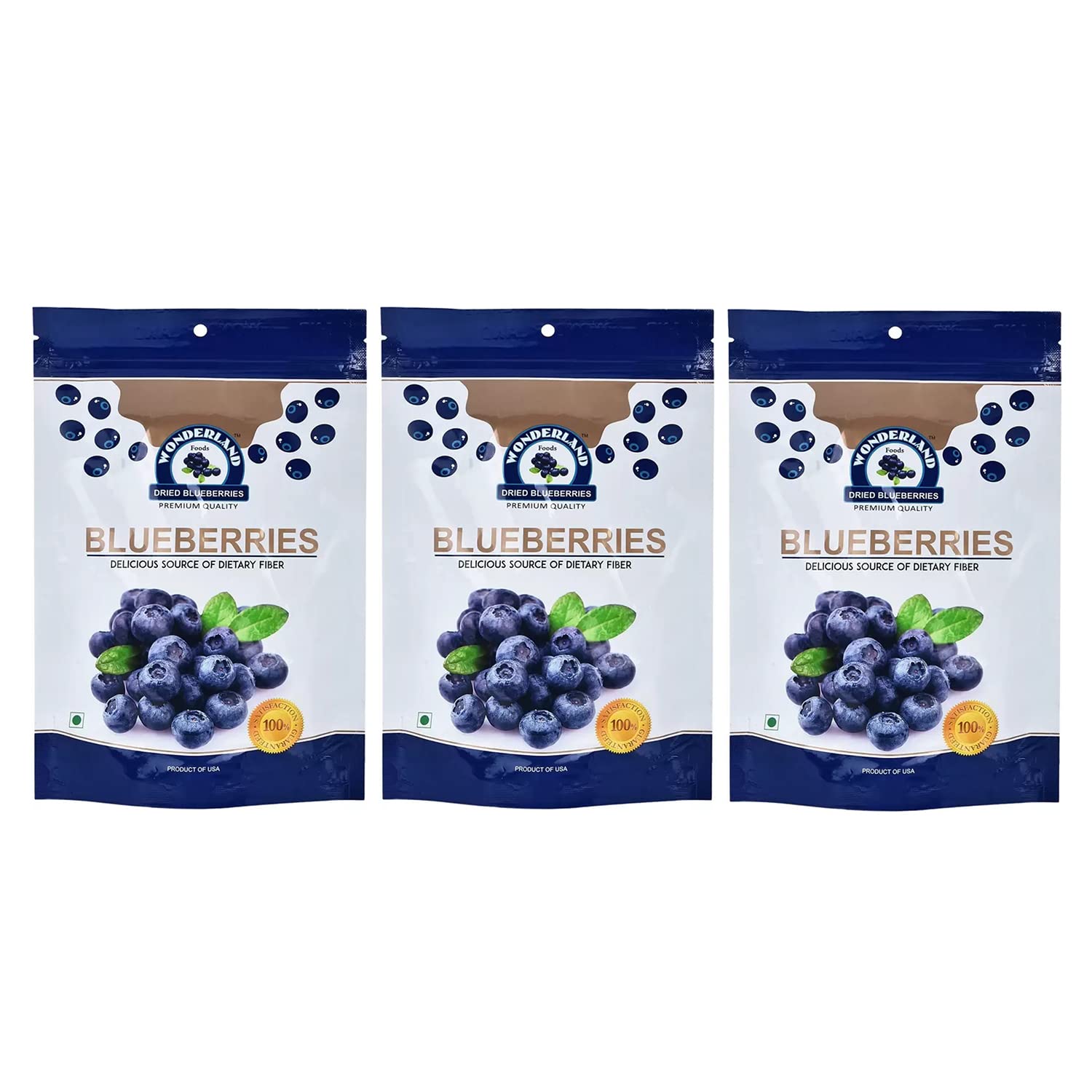 WONDERLAND FOODS (DEVICE) 450G (150G X 3) Californian Whole & Dried Blueberry Pouch (Pack Of 3) | Vegan, Non-Gmo & No Preservatives | Healthy & Tasty Ideal For Snacking