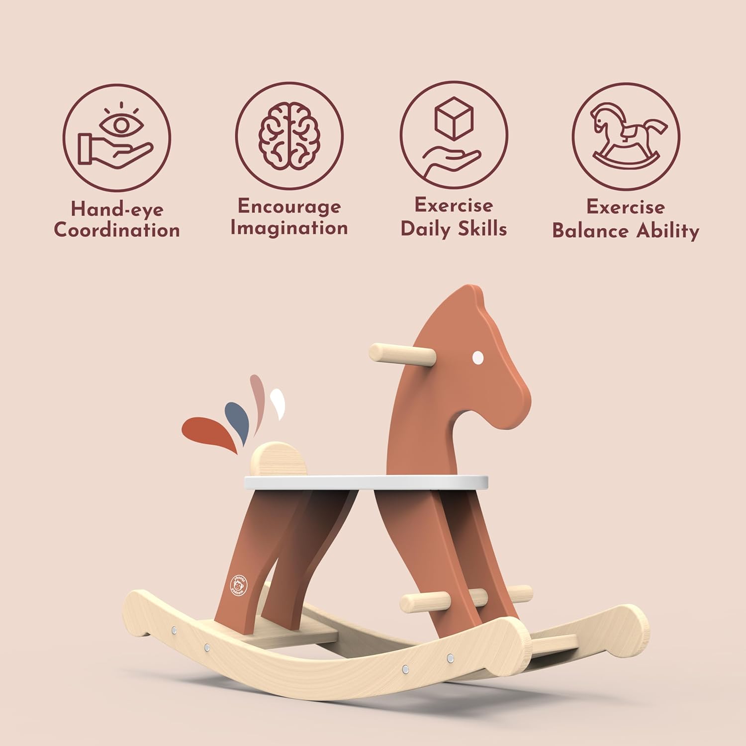 SPEEDY MONKEY Vintage Wooden Rocking Horse, Trendy Design, Handrails for Safe Rock & Ride, Non-Toxic Paint, Steady Motion, Classic Toy for Kids' Development and Fun