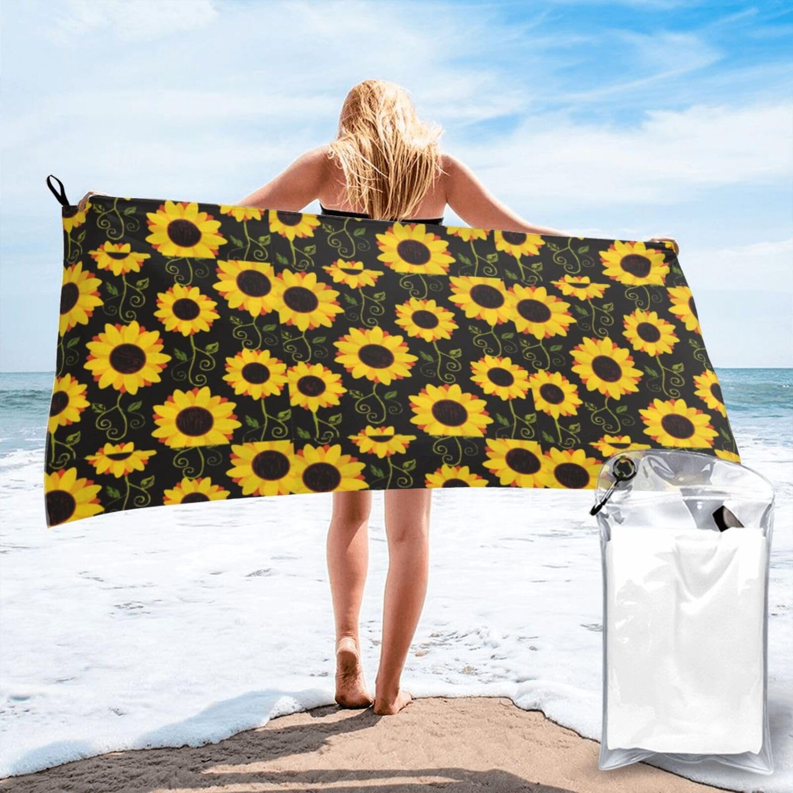 Jiuty White Floral Sunflower Print Fast Dry Beach Towel Portable For Swimming Travel Gym Hiking Gift