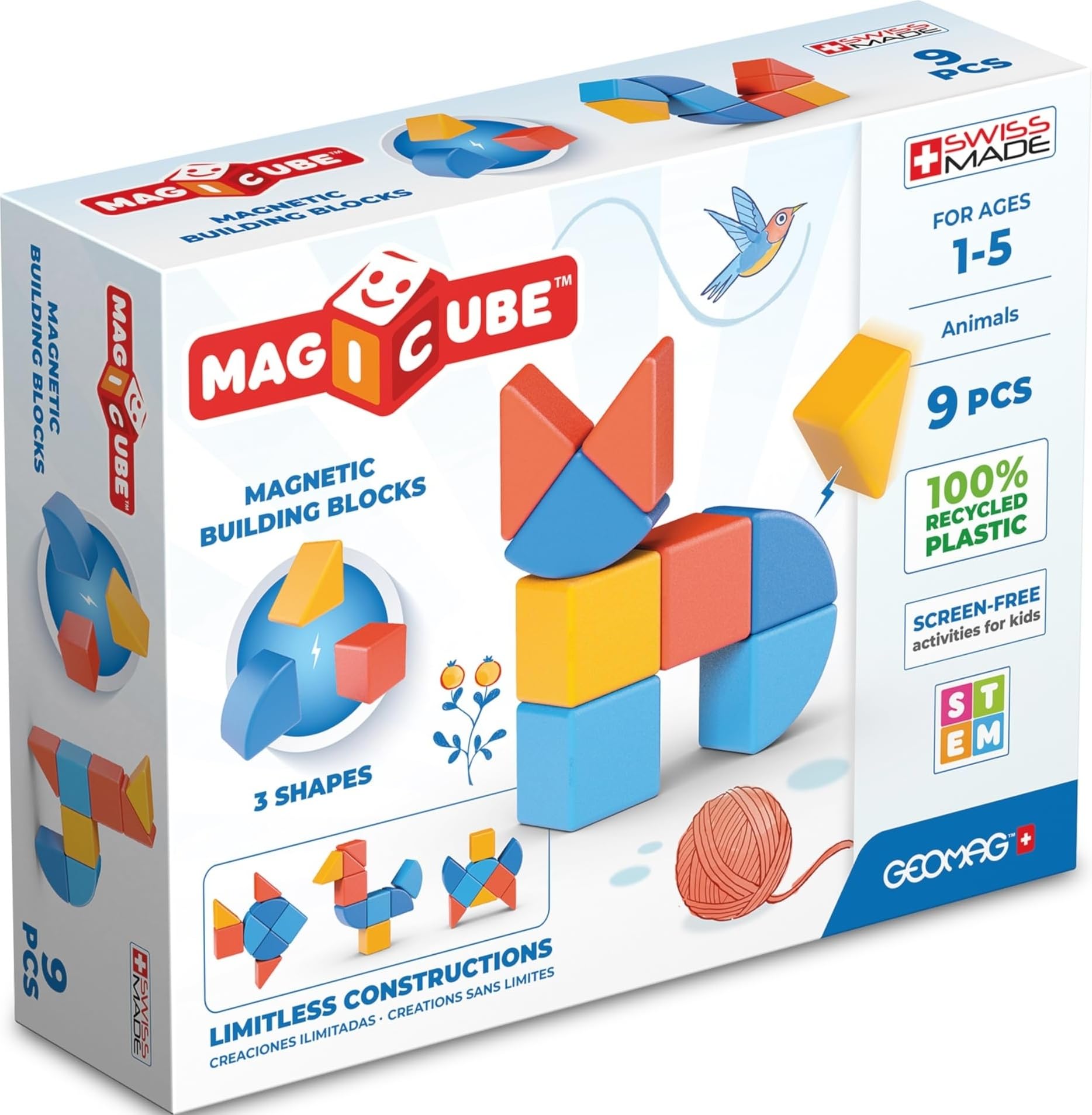 Geomag - Magicube 1+ Shapes - Blocchi Magnetici per Bambini - 3 Colori e Forme - Confezione da 9 Cubi - 100% Plastica Riciclata