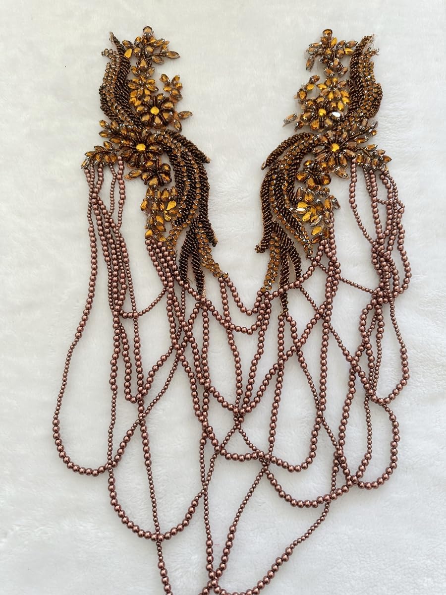 Handmade Rhinestone Fringe Patch Trim Crystal Beaded Applique for Sewing Crafts Wedding Party Decoration Bridal Dress Accessories 4.7X19.6inches (Brown)