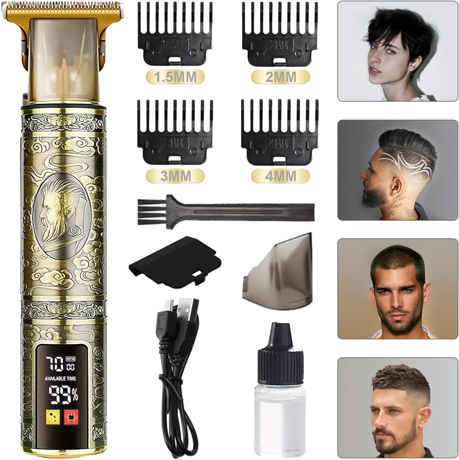 Electric Beard Trimmer Men Cordless, LED Display Zero Gapped T-Blade Hair Clippers Men with 4 Guides Combs Kit, Waterproof USB Rechargeable Hair Trimmer for Easy Haircuts at Home (Antique Gold)