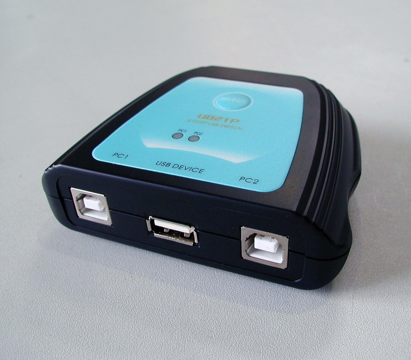 Top-down view of the Roline Manual USB 2.0 Printer Switch showing the 'SELECT' button and 'PC1' and 'PC2' LED indicators.