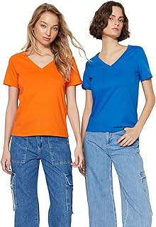 ترنديول تيشيرت بيسيك محبوك برقبة على شكل حرف V للنساء مصنوع من القطن بنسبة 100% من قطعتين TWOSS23TS00002