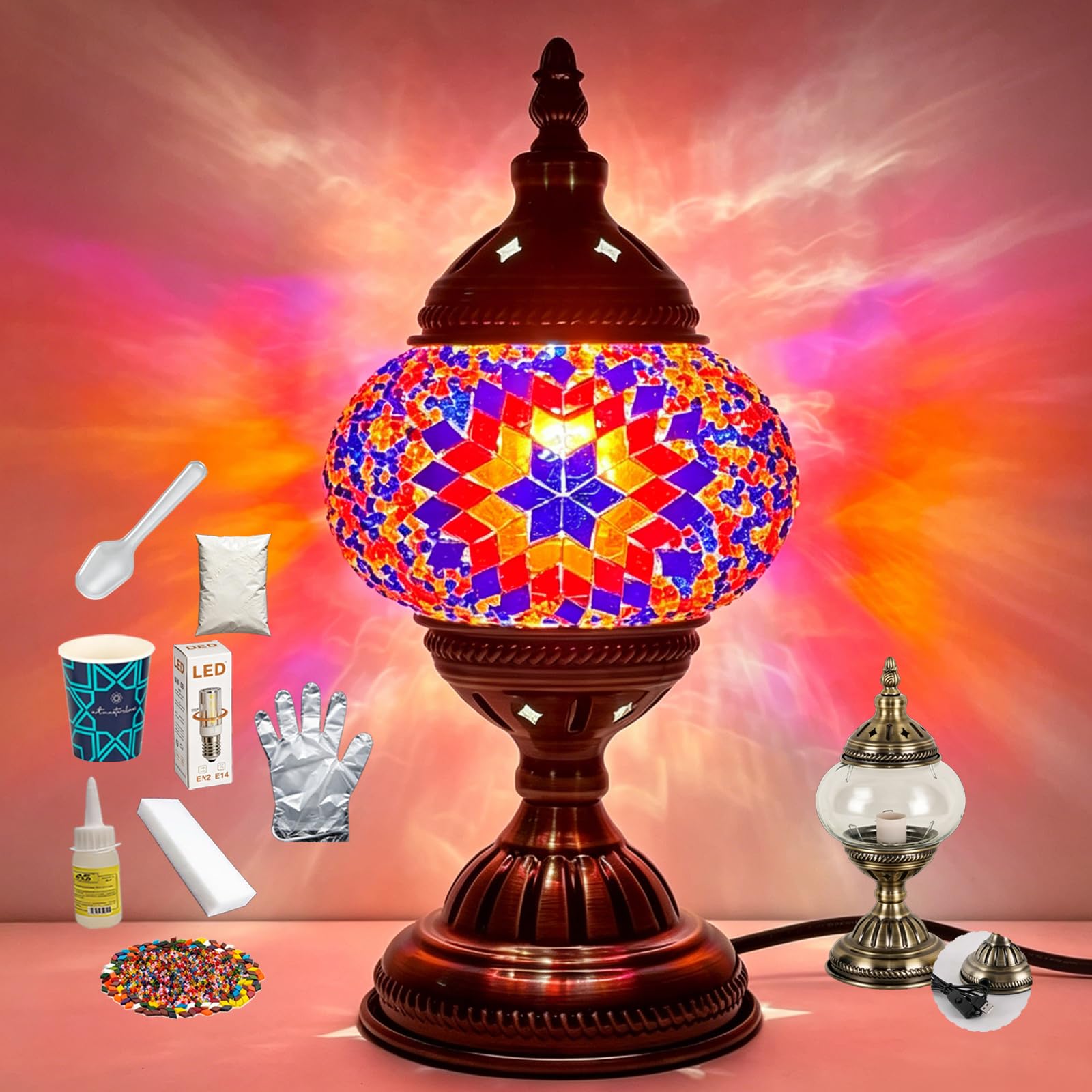 DIY Turkish Mosaic Lamp Kit with Bronze Base Marrakech Turkish Table Lamp USB Powered Stained Glass Night Stand Light Included LED Bulb for Bar Powder Room Decor Handmade Activity(5.12x11.42in)