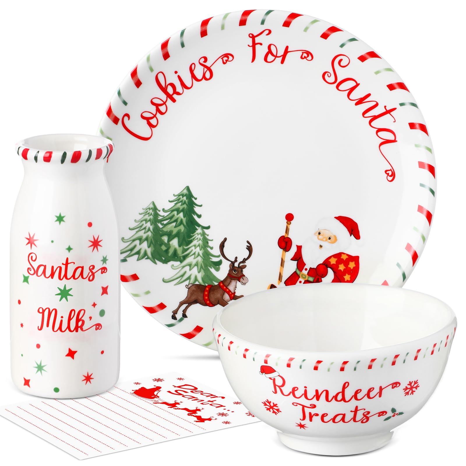 Christmas Cookies for Santa Plate Set with Milk Jar, Reindeer Treat Bowl, and Dear Santa Notepad - Christmas Eve Gift for Kids (Trees)