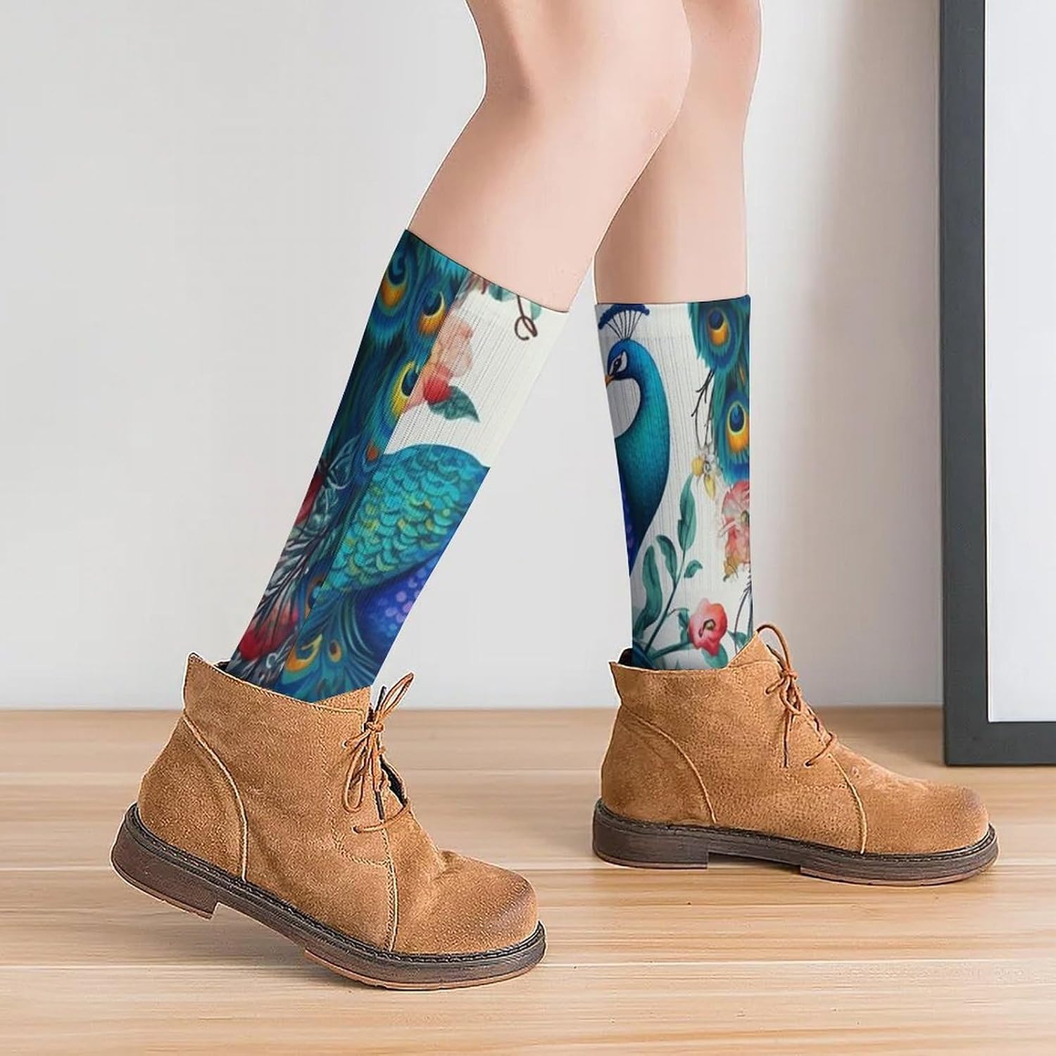 Breathable Crew Sock, Moisture Wicking, Athletic Calf Socks, Cozy | Beautiful Peacock Flowers Compression Socks for Women Men, Lightweight High Work Socks for Business, Casual