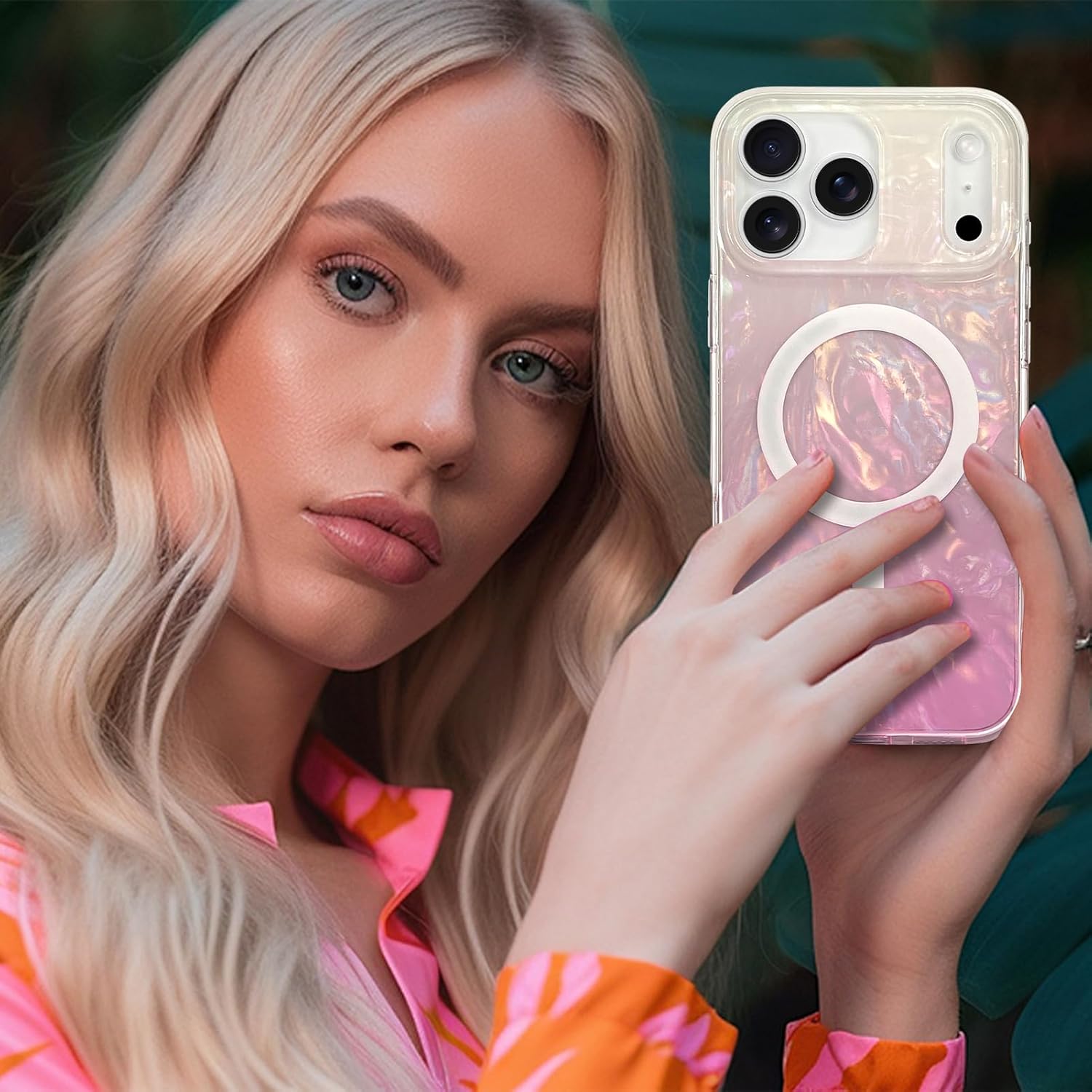 Magnetic for iPhone 17 Pro Case Mother of Pearl Abalone Shell Phone Case for Women Girls, Compatible with Magsafe, Cute Sparke Gossy Shockproof Protective Cover, Pearl Pink