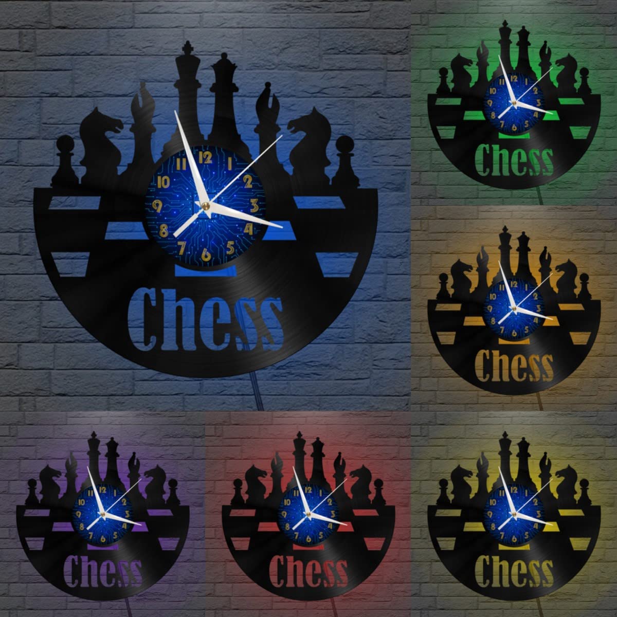 XDGC International Horloge Murale en Vinyle d'échecs, Vinyle Horloge Murale Art Noir 12 Pouces pour Salon Chambre Cadeau Créatif (12 Pouces B avec LED)