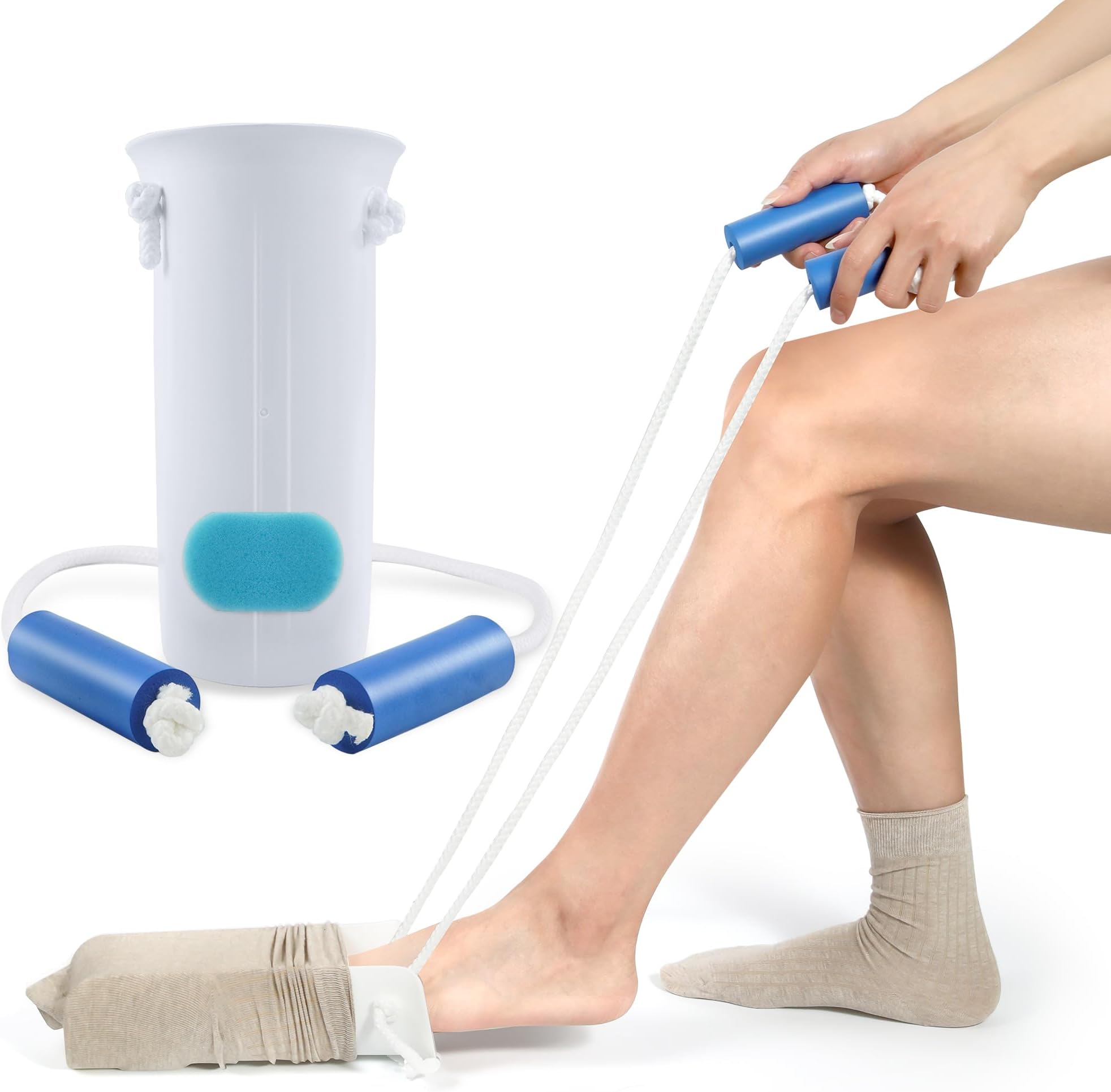 4INCH Sock Aid for Putting on Socks, Sock Assistant Device No Bending with Foam Handles & Long Rope, Sock Helper/Puller Aid Easy Put on for Seniors, Disabled, After Surgery Recovery(White)