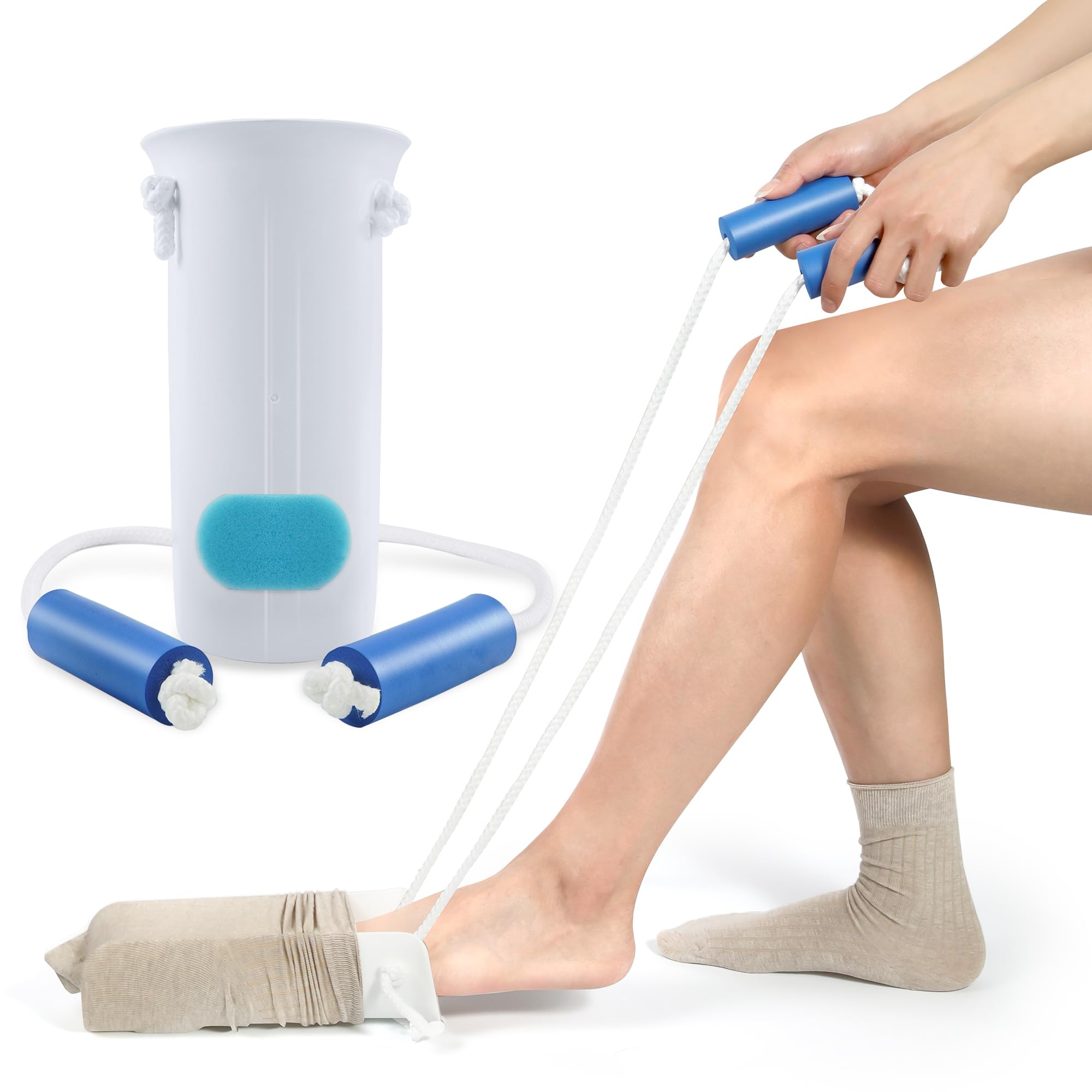4INCH Sock Aid for Putting on Socks, Sock Assistant Device No Bending with Foam Handles & Long Rope, Sock Helper/Puller Aid Easy Put on for Seniors, Disabled, After Surgery Recovery(White)
