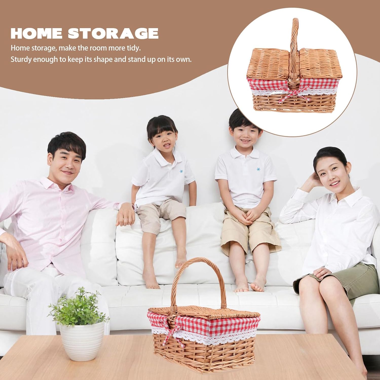 Woven Straw Picnic Basket with Lid Portable Outdoor Storage Basket for Sundries Organizer Small Size 20x30cm for Travel and Home Use