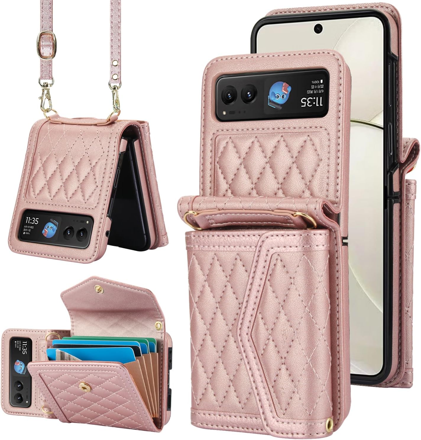 Asuwish Phone Case for Motorola Razr 40/Moto Razr 2023 Wallet Cell Cover with RFID Blocking Credit Card Holder Slot Shoulder Crossbody Strap Stand Mobile Accessories XT2323-6 Women Men Girls Rose Gold
