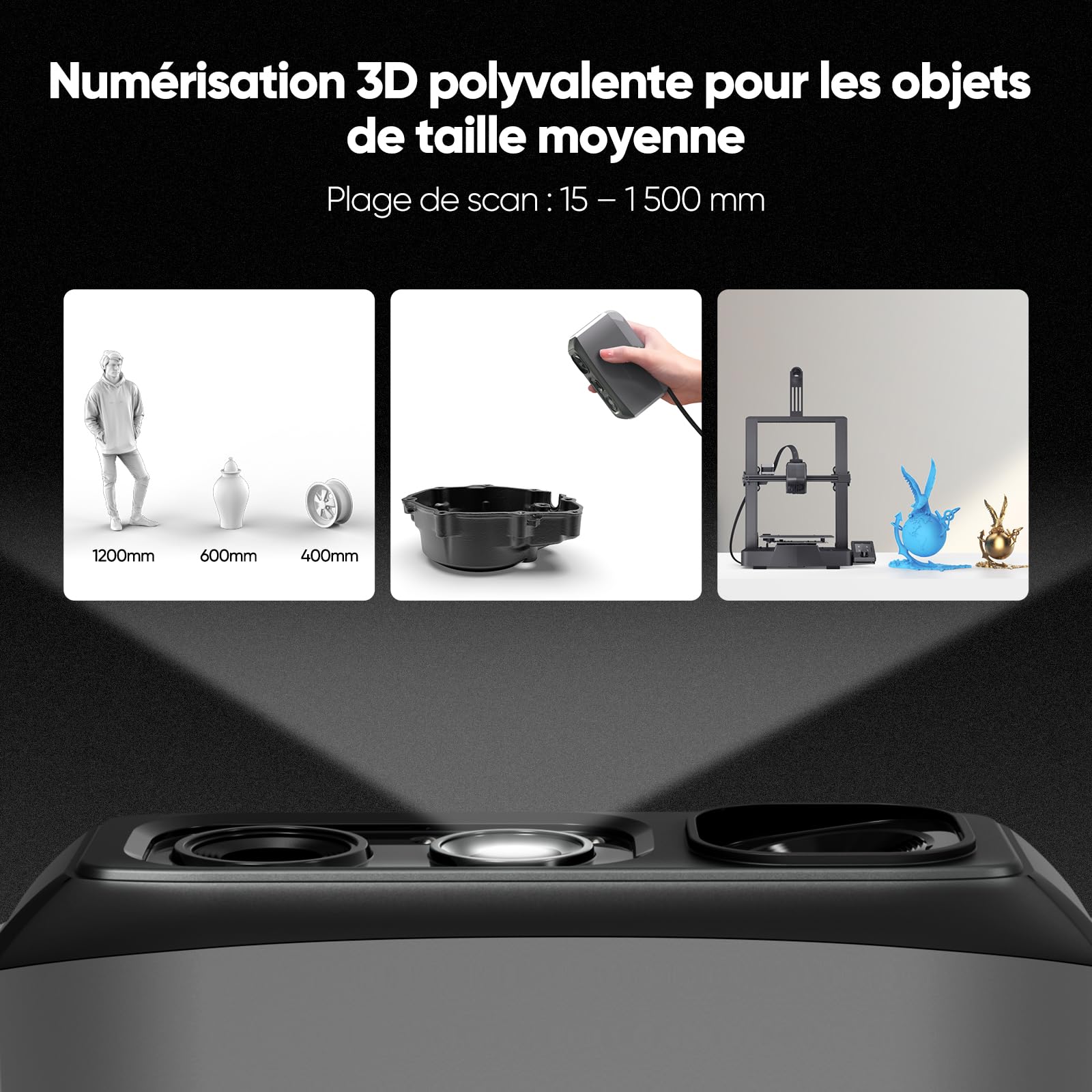 Scanner 3D portable Moose Lite pour imprimante 3D, précision détaillée élevée de 0,05 mm, numérisation haute vitesse à 10 FPS avec lentille anti-vibration, scanner pour modèles 3D - Paquet standard