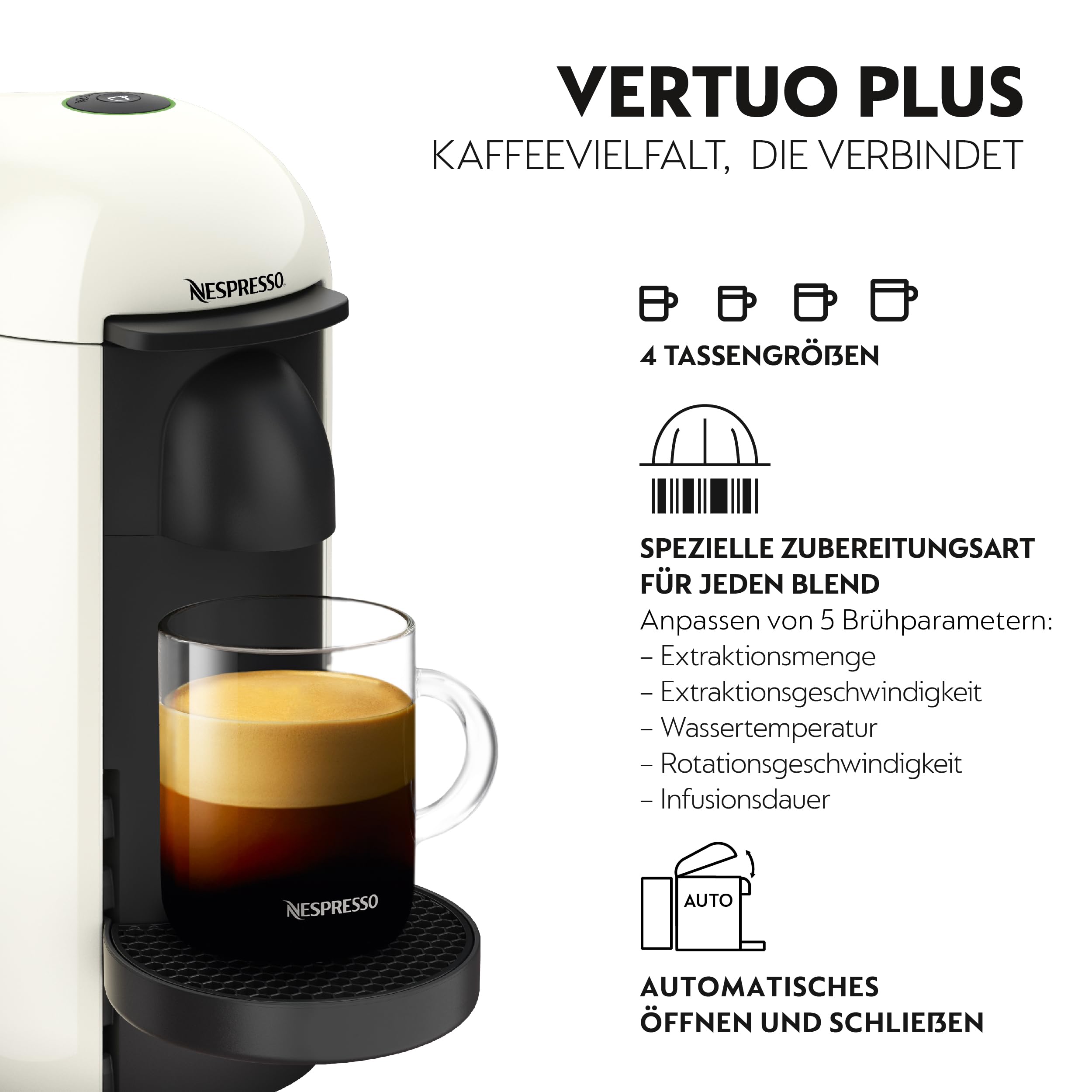 Nespresso Krups XN9031 Vertuo Plus Kaffeekapselmaschine | 1,1 L Wassertank | Kapselerkennung durch Barcode | 6 Tassengrößen | Power-Off Funktion | 54% aus recyceltem Kunststoff | Weiß
