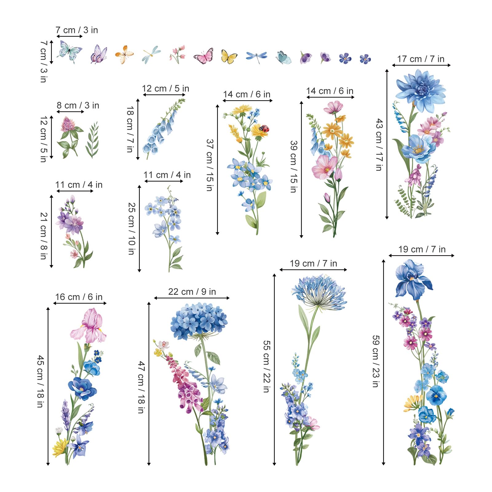 wondever Blue Spring Garden Flower Wall Stickers Wildflower Grass Floral Butterfly Peel and Stick Wall Art Decals for Living Room Bedroom TV Wall - Image 4