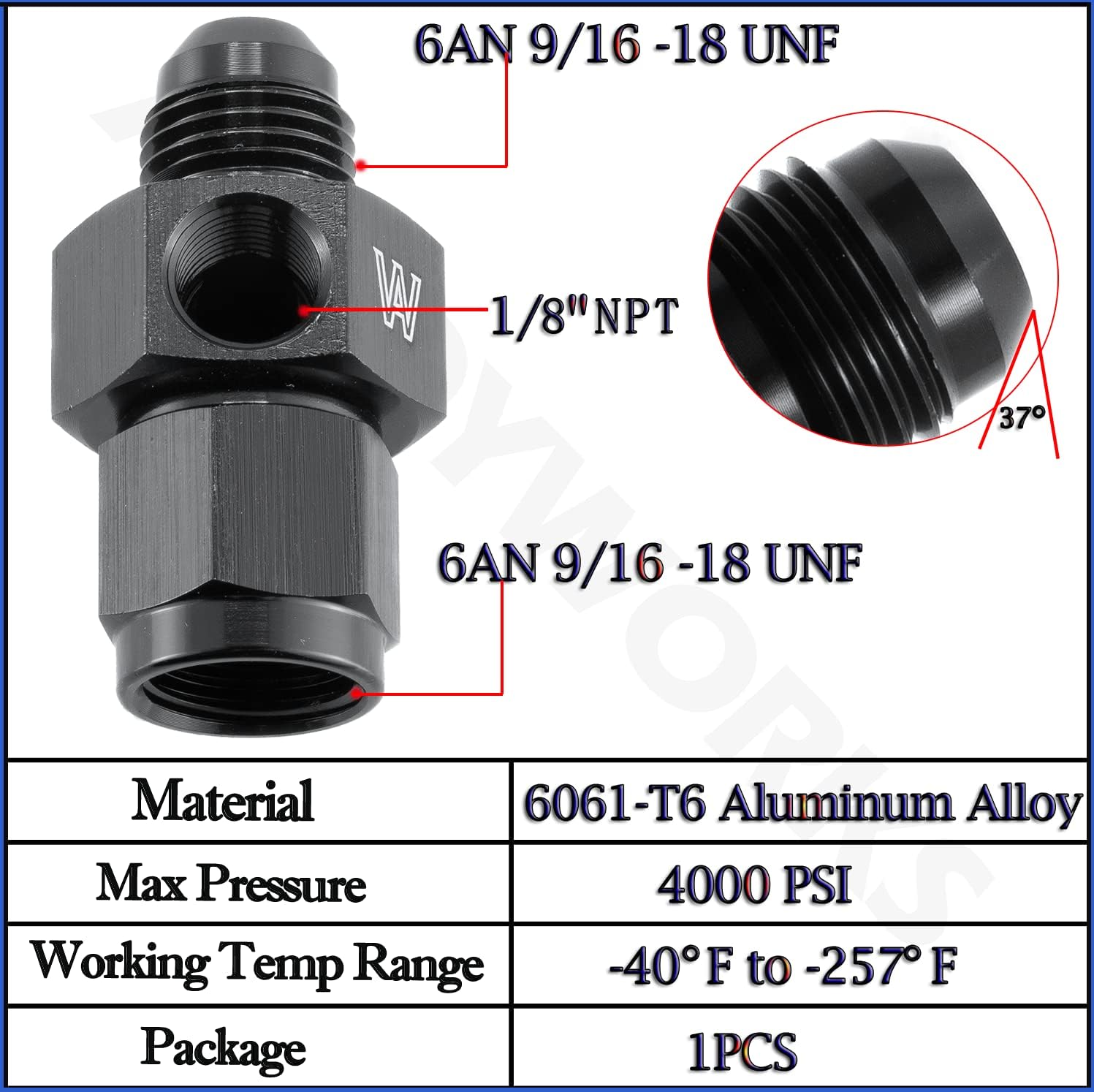 6AN Female to AN6 Male Flare Fitting Adapter Union with 1/8" NPT Pressure Port Aluminum Black