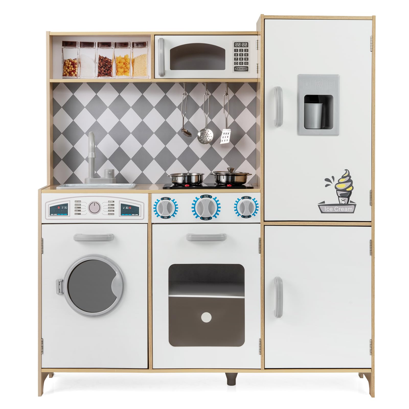 COSTWAY Kids Wooden Kitchen, Pretend Play Kitchen with Light, Sound, Ice Maker, Washing Machine, Oven, Microwave & Utensils, Large Children Chef Role Playset for Boys Girls (Natural+White)