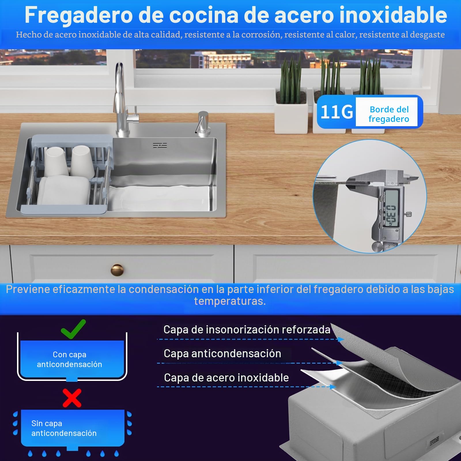 Fregadero Cocina 55 x 43 cm,Fregadero Cocina en Acero Inoxidable,Fregadero Bajo Encimera o Sobre Encimera con Filtro de Drenaje,Sifón e Juego de Desagüe