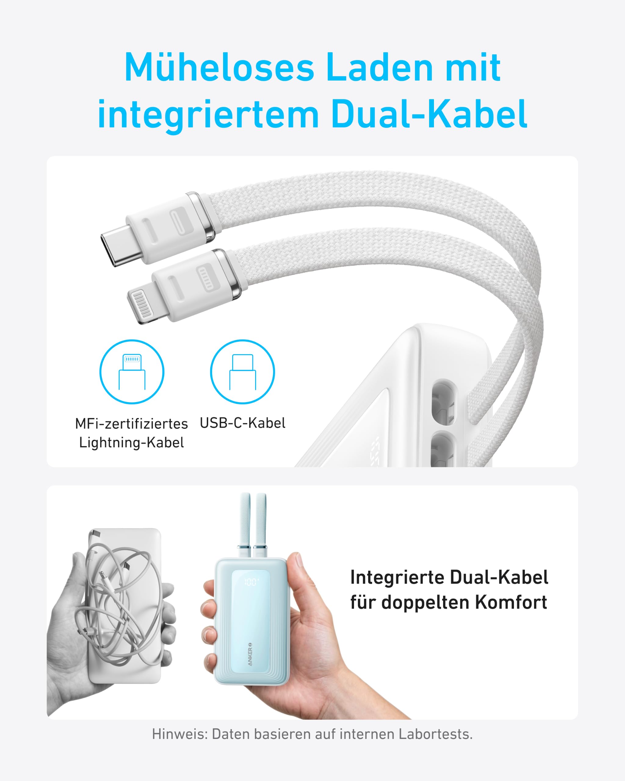 Anker Powerbank 20000mAh 30W Max, mit integriertem USB-C & Lightning-Kabel