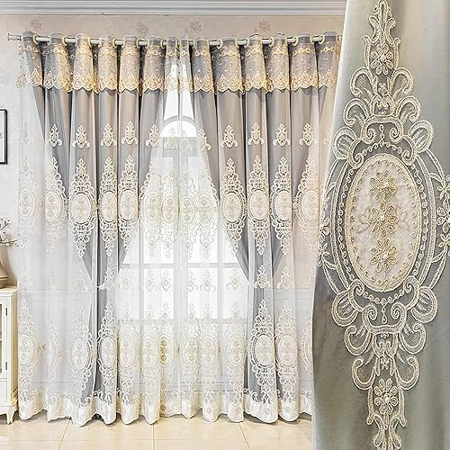 Amidoudou 1 par de cortinas europeas de doble capa con cenefas para sala de estar, dormitorio, cortinas bordadas con flores 3D de lujo (gris, 52 x Amidoudou 1 par de cortinas europeas de doble capa con cenefas para sala de estar, dormitorio, cortinas bordadas con flores 3D de lujo (gris, 52 x