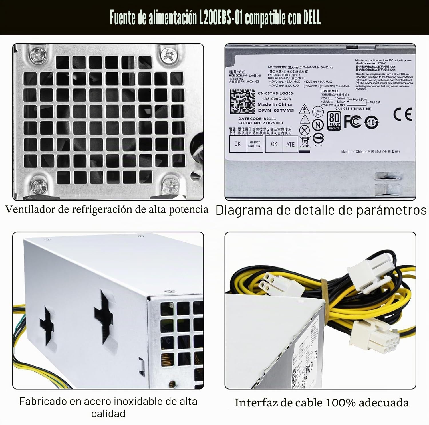Fuente de alimentación mejorada L200EBS-01 200W repuesto 5TVM5 compatible con Dell OptiPlex 3060, 3050, 3050M, 7050, 7060, 3080, 5080, 7080MT, Dell Inspiron 3470, H200EBS-01, VFXXF, PA- 2201-3DB K92TW