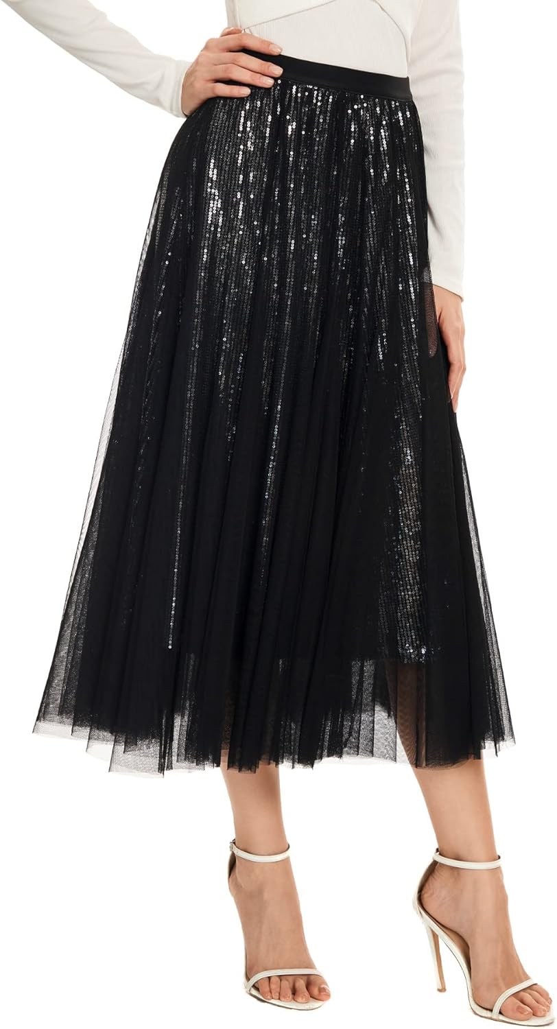 Sequin Long Tulle Skirt Layered Flowy Fairy Sparkle Party Mesh Tea Length Big Hem Skirts for Women - Image 7