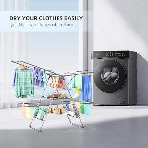 Miniatura 6 de Tendedero de Ropa Plegable de 2 Niveles para Secar Ropa, Tendedero de Acero Inoxidable Plegable para Interiores y Exteriores, con Alas de Altura