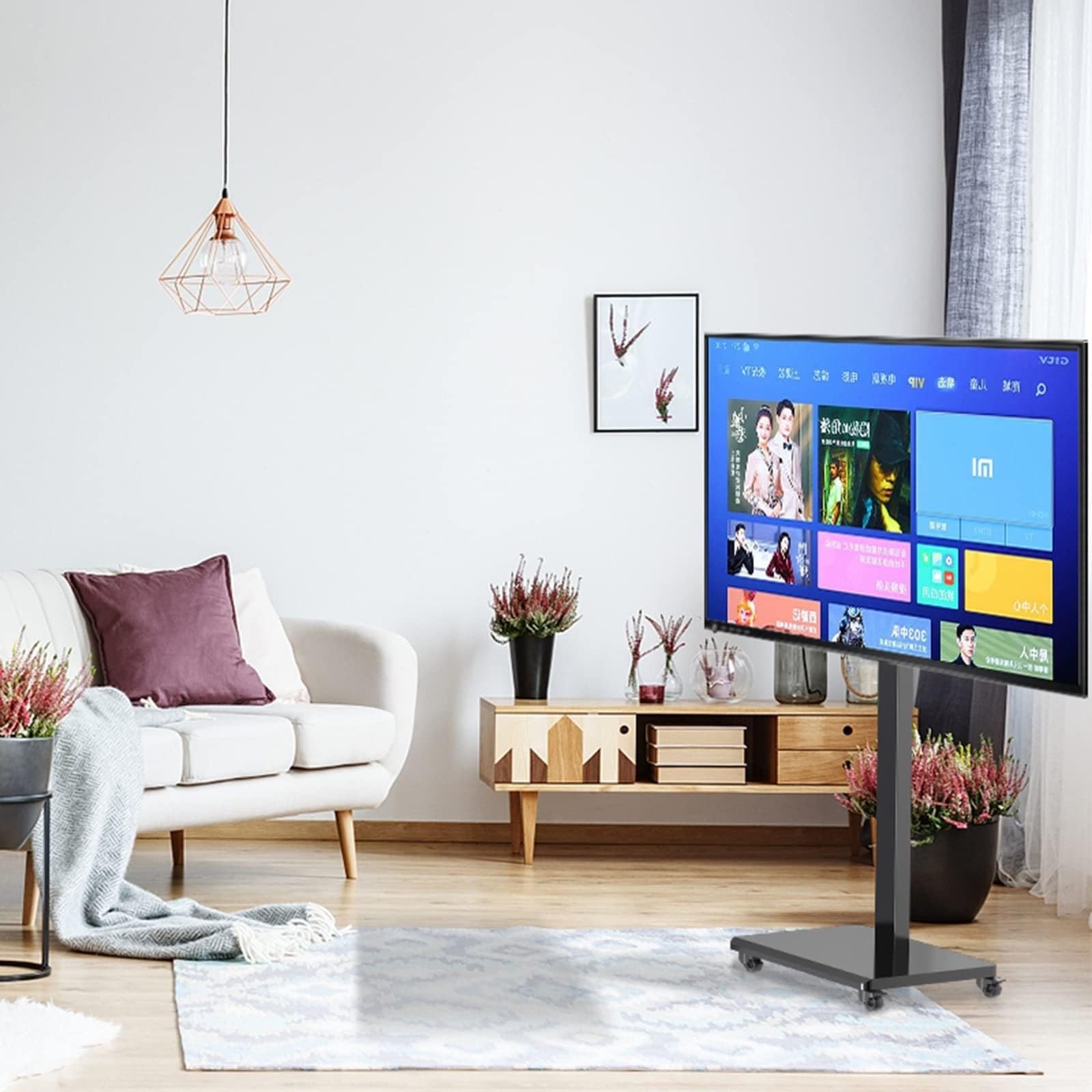 Support TV mobile à roulettes réglable en hauteur pour grand écran