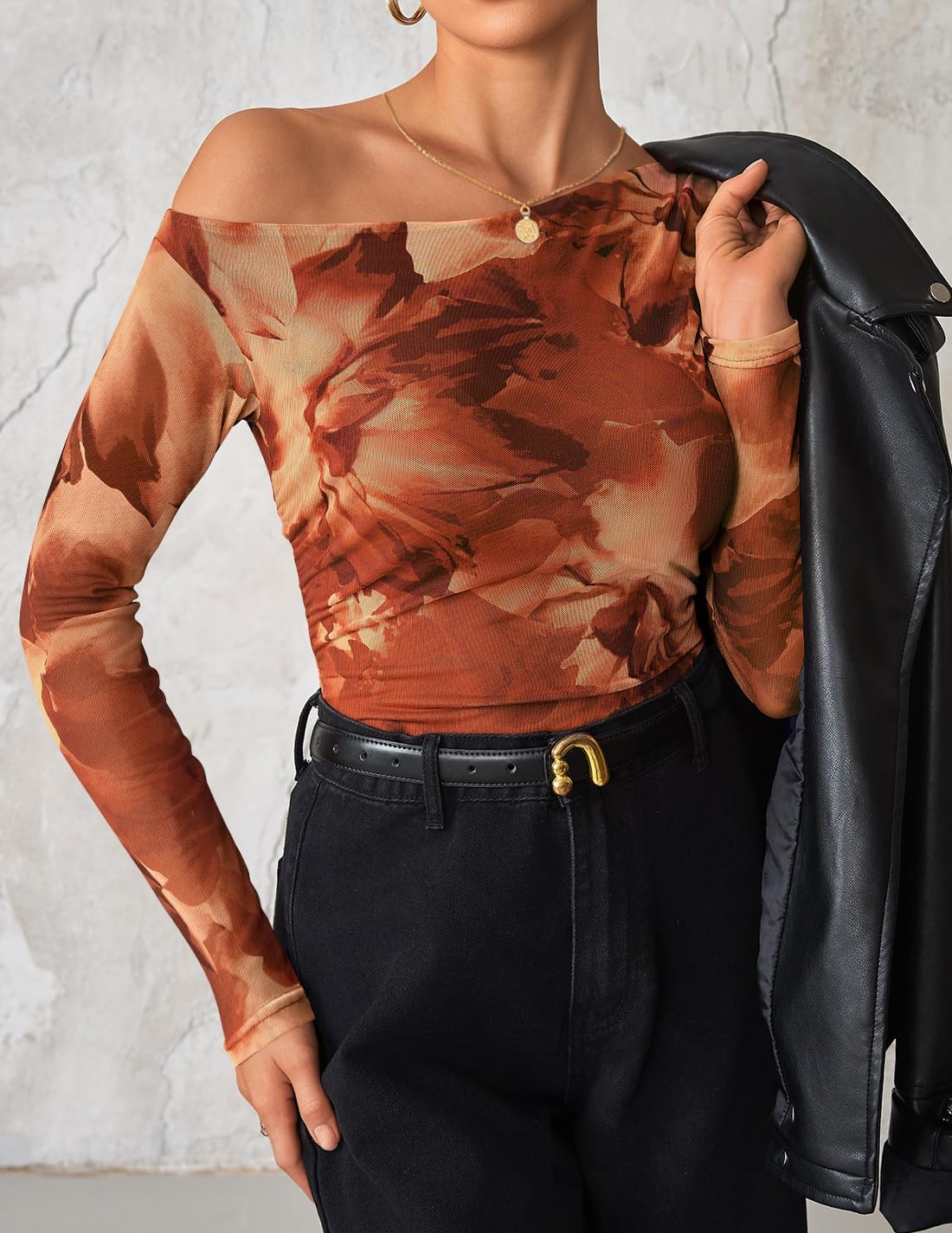 ZESICA Women's Floral Off Shoulder Long Sleeve Tops 2026 Spring Mesh Ruched Fitted Trendy Going Out Shirts Blouses - Image 8