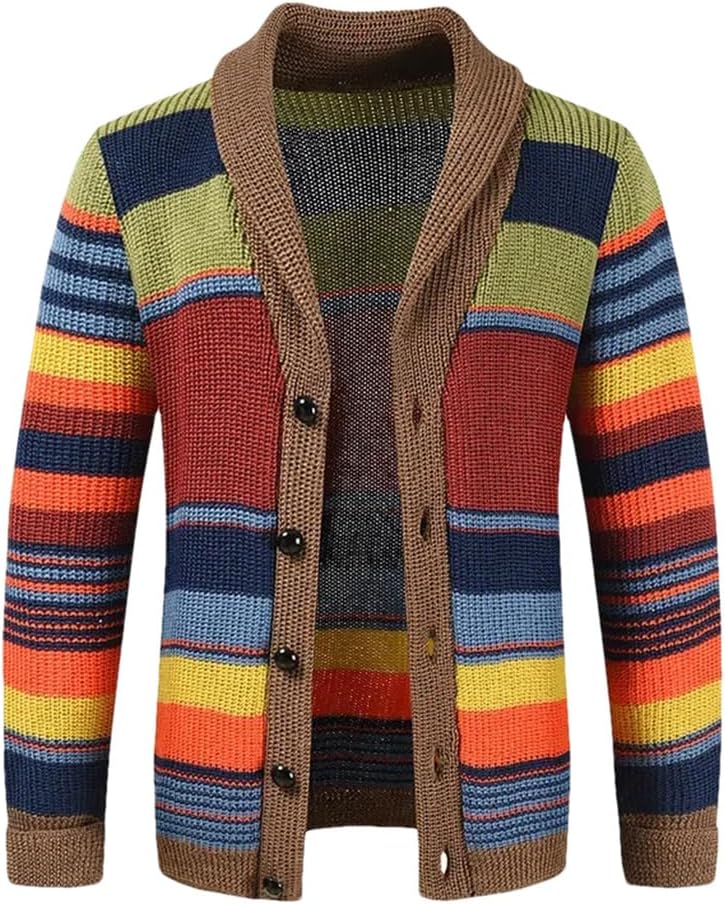 Men's Retro Color Striped Knitted Cardigan Coat with Flip Collar, Casual Loose Knitted Cardigan Sweater