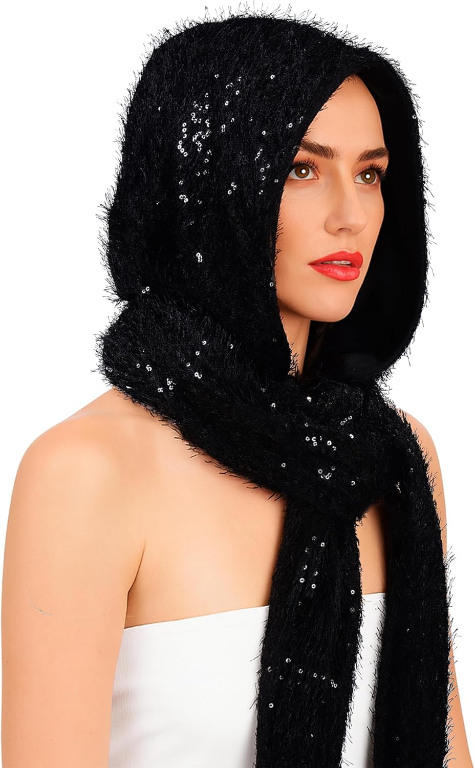 3-in-1 Hooded Scarf, Sequined Knit Winter Hood with Fleece Lining, One Size, Black - Image 5