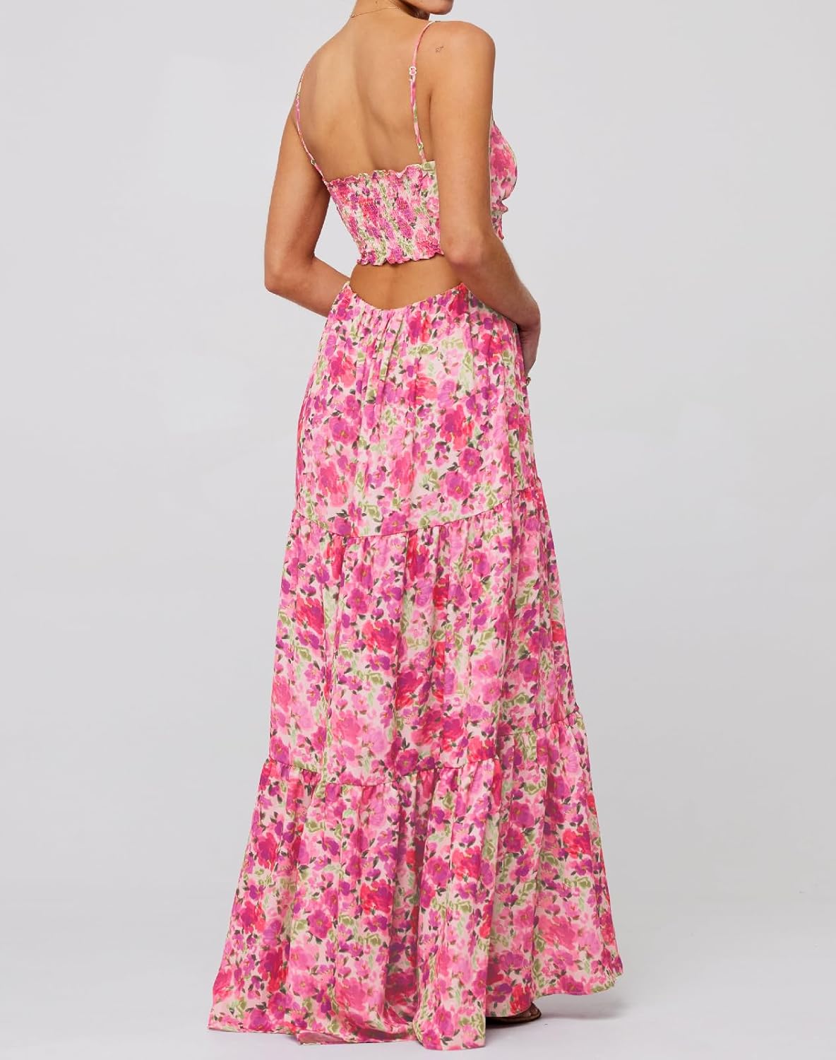 Summer Floral Sundress for Women Spaghetti Straps Hollow Out Tie Front Maxi Dress Flowy Smocked Bohemia Dress - Image 2