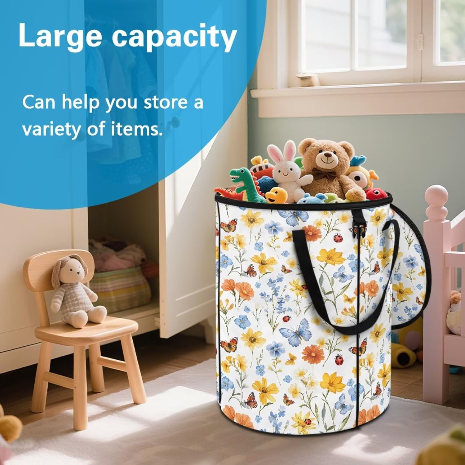 Cozeyat Colorful Floral Foldable Camping Trash Can Outdoor Reusable Garbage Bin with Zipper Closure for RV Travel Picnics Beach Trips Yard Work