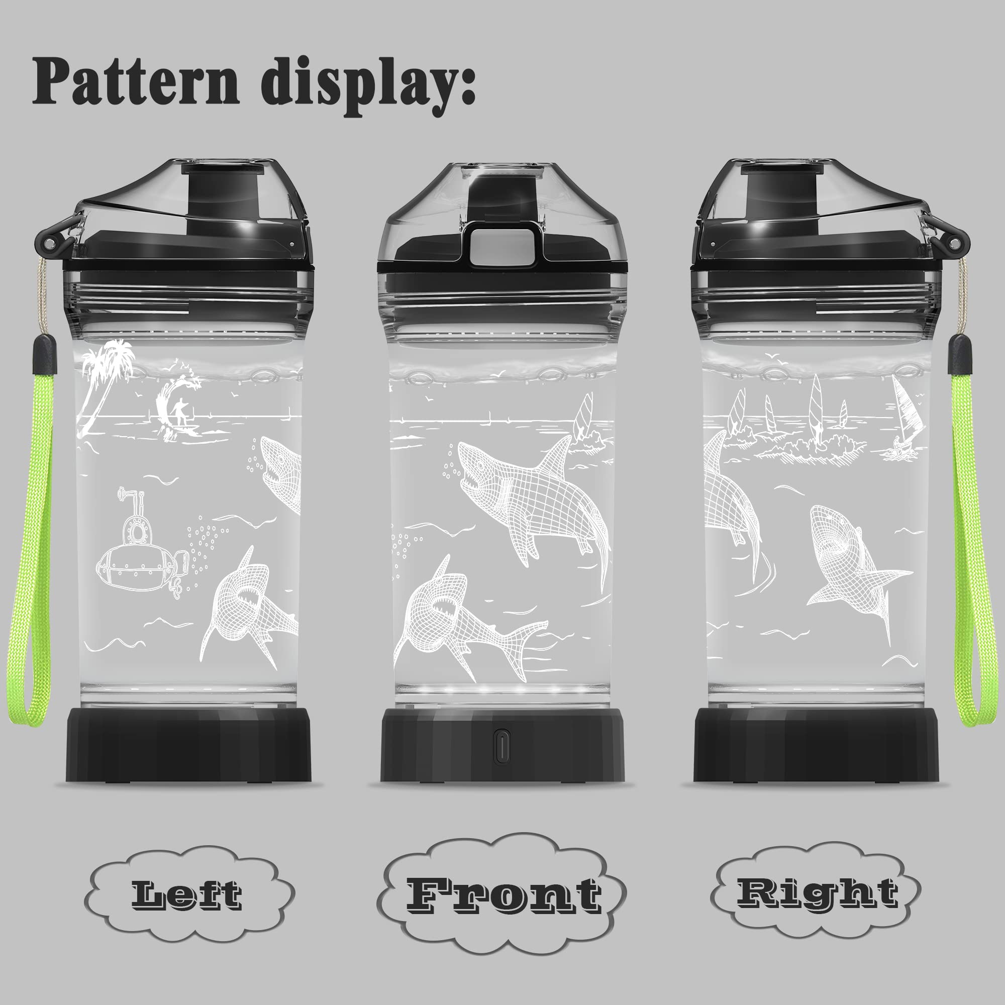 Kinder-Wasserflasche mit Hai-Motiv, mit 3D-LED-Licht, 400 ml, Tritan, BPA-frei, kreativ, Kinder, Jungen, Kinder, Urlaub, Camping, Picknick