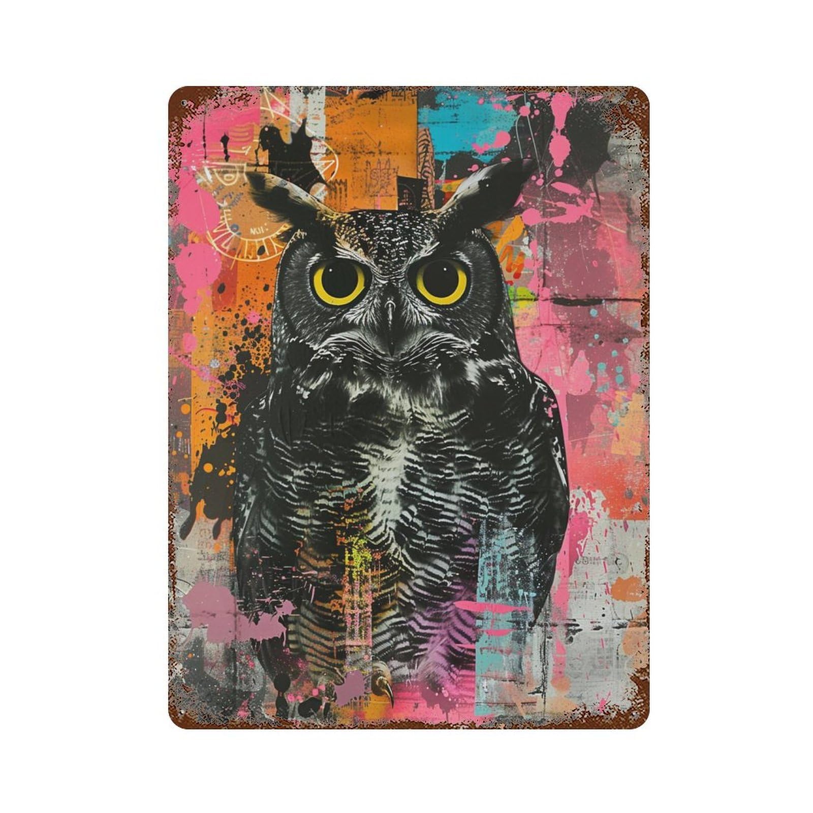 Distressed Metal Wall Sign with Owl Art Print, Modern Wall Decor Design 15.7"x11.8", for Garage, Bar And Workshop Decor, Vintage Wall Decor