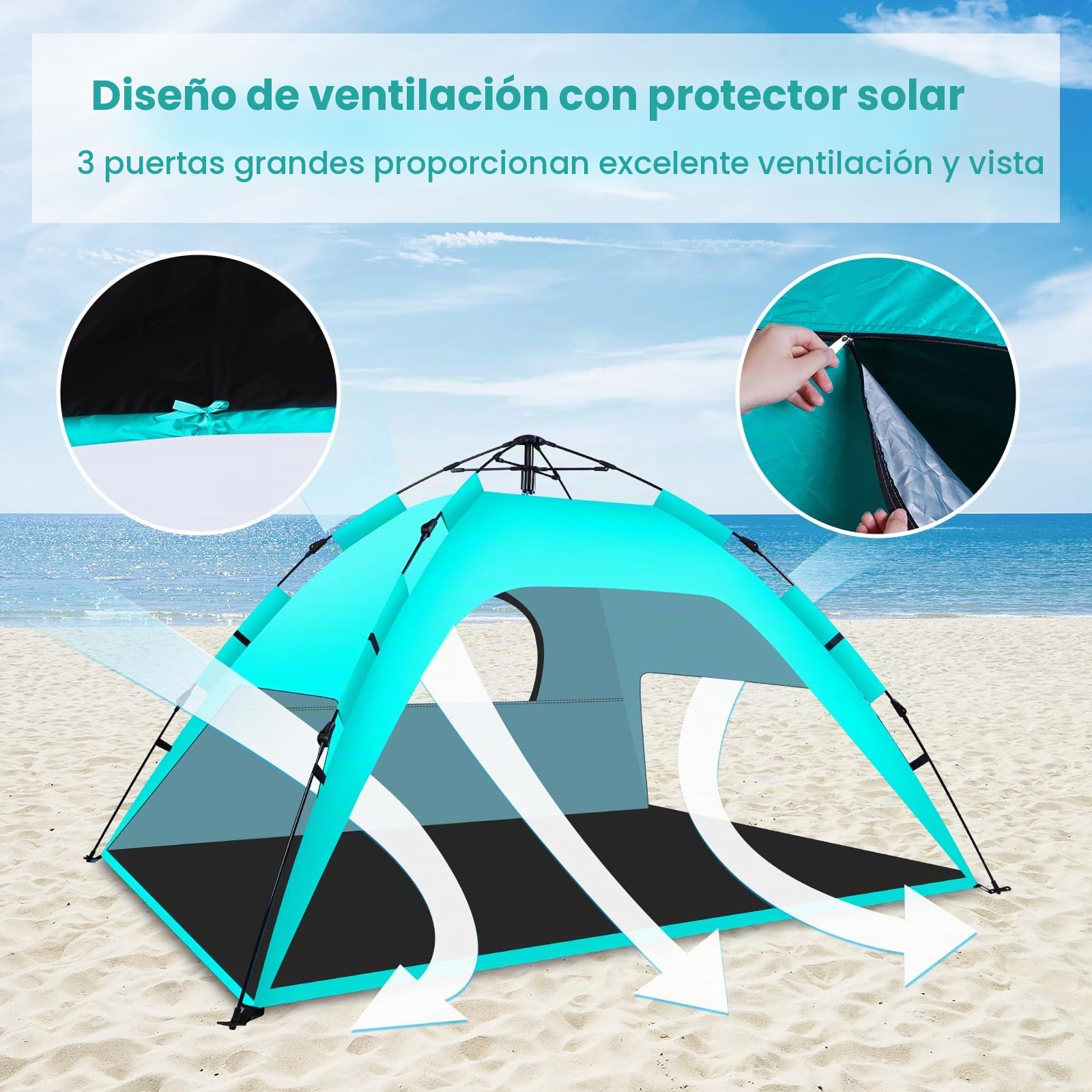 WARMTUYO Tienda de Playa Pop Up | Tienda Playa Instantánea en 3 Segundos para 3-4 Personas, Protección UV50+, Resistente al Viento, Ligera y Portátil para Playa y Camping