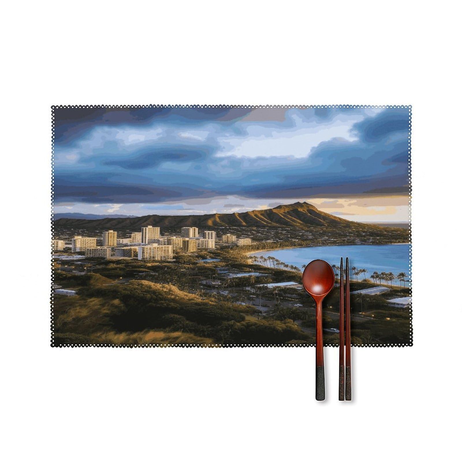 Hawaii Skyline Diamond Head Volcano Placemats Set of 4 Heat Resistant Non-Slip Place Mats for Dining Table Washable Placemat Wipeable Dining Table Mat Canvas Place Mats Dining Table Decor