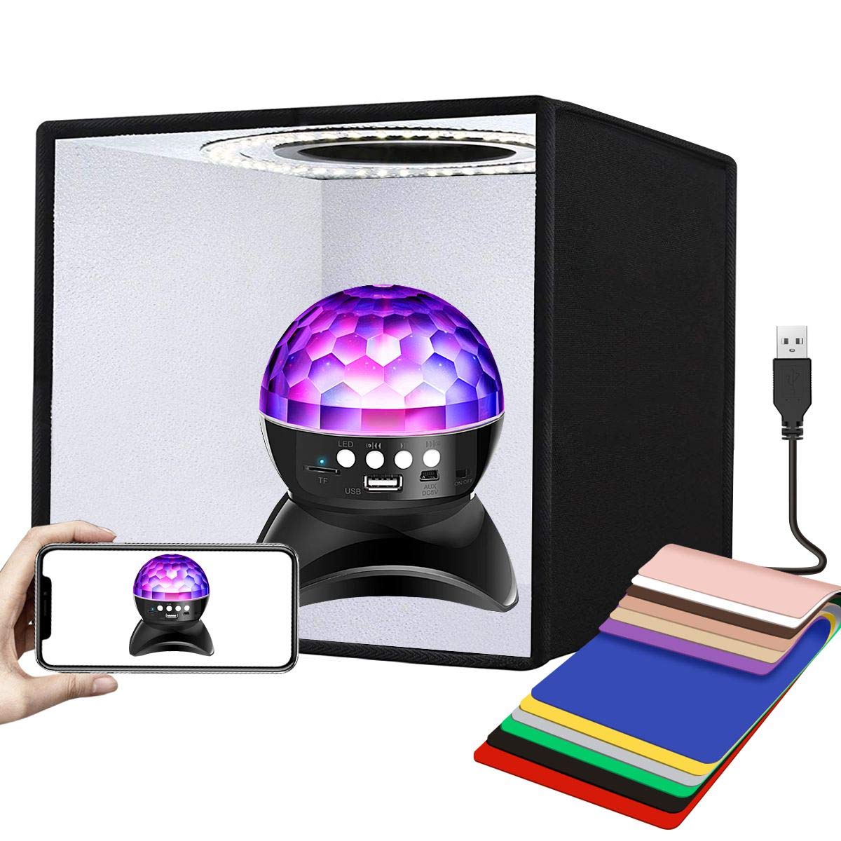 Mini Photo Studio Light Box 25CM/10" Photography Table Top Photo Shooting Tent kit with 96pcs LED Ring Light, Portable Folding Booth Light Tent with 6Pcs Dual Color Backdrops and Carrying Bag