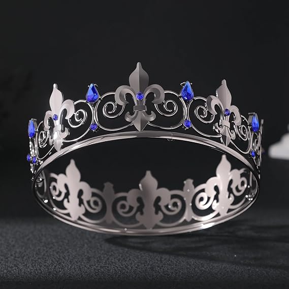 King Crown for Men Medieval Black Blue Crystal Birthday Crowns Halloween