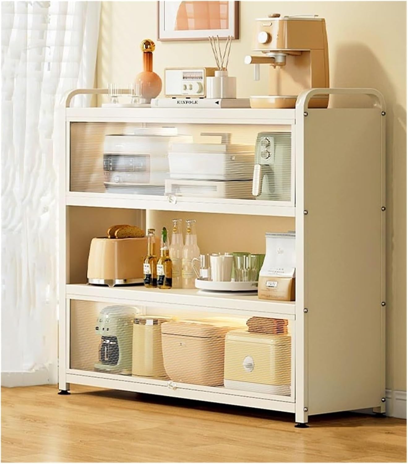 4 Tier Multifunctional Storage Cabinet with Doors and Flip-Up Doors, Kitchen Shelves Freestanding, Desktop Organizer Cup Storage Shelf,for Dining Room,kitchen(White,60CM)