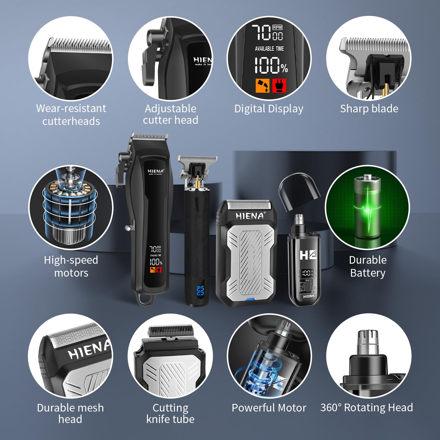 HIENA PRO Professional Hair Clippers Men, Complete Barber Kit, Cordless Hair Clippers, Beard Trimmer - Image 4