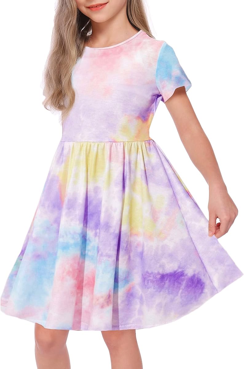 Girls Tie Dye Dress Clothes Kids Short Sleeve School Twirly Skater Dress Size 5-12 Years