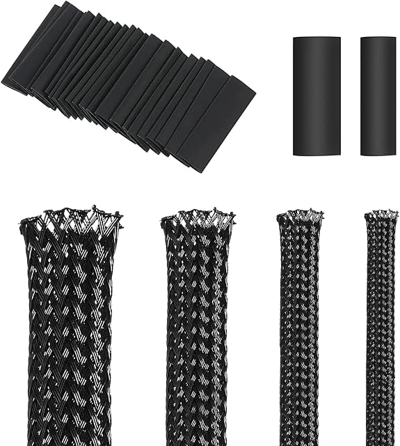 4roll 5m/roll Black PET Expandable Braided Cable Wire Sleeving Cable Wrap Snake Cord Protector, with 20pcs Heat Shrink Tube(8/10mm), for Audio Video Home Device Cable Automotive Wire(6/8/12/16mm)