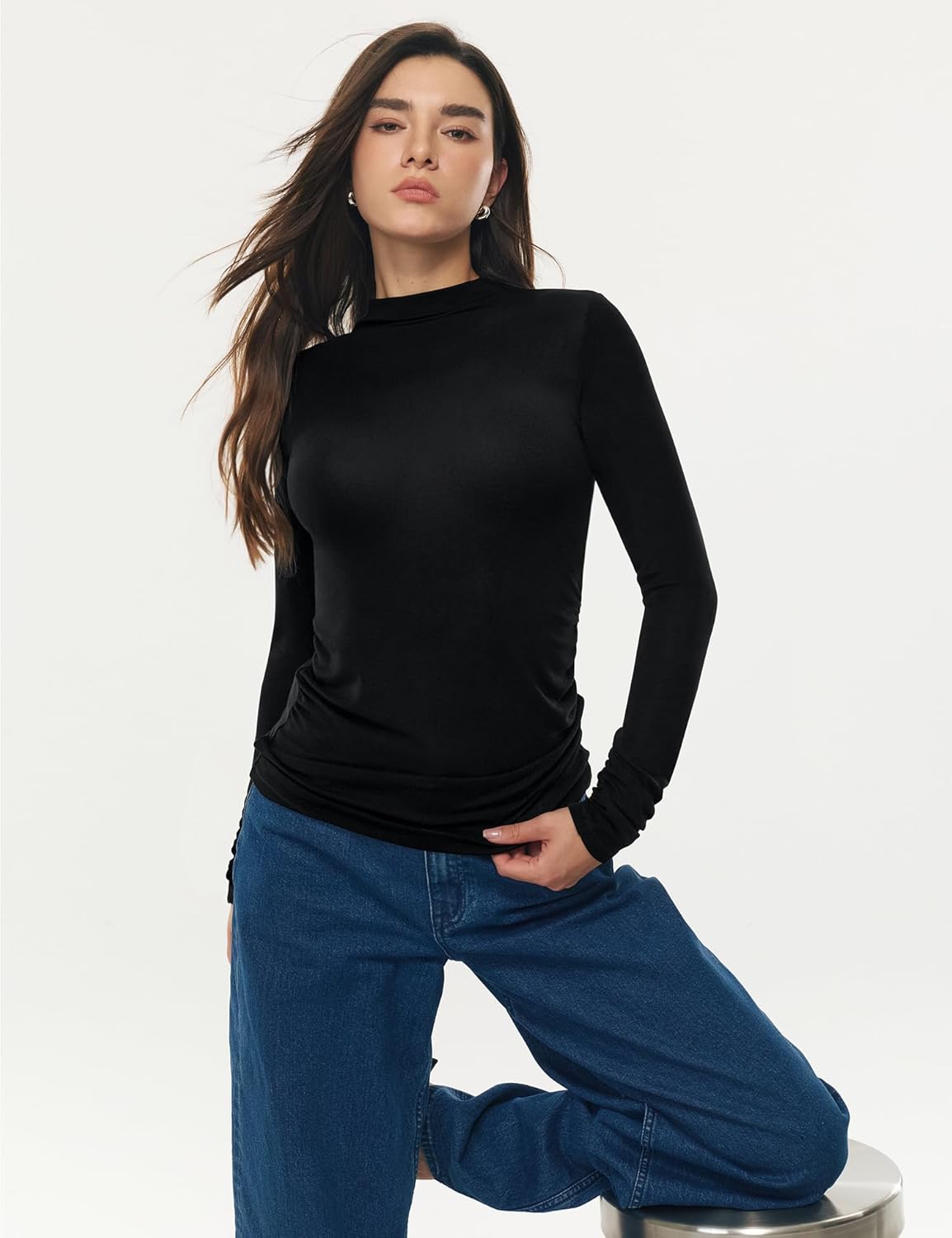 Women's Mock Turtle Neck Long Sleeve Shirts Merino Wool Knit Tops Fitted Slim Fit Basic Tees Cozy Embrace Collection - Image 5