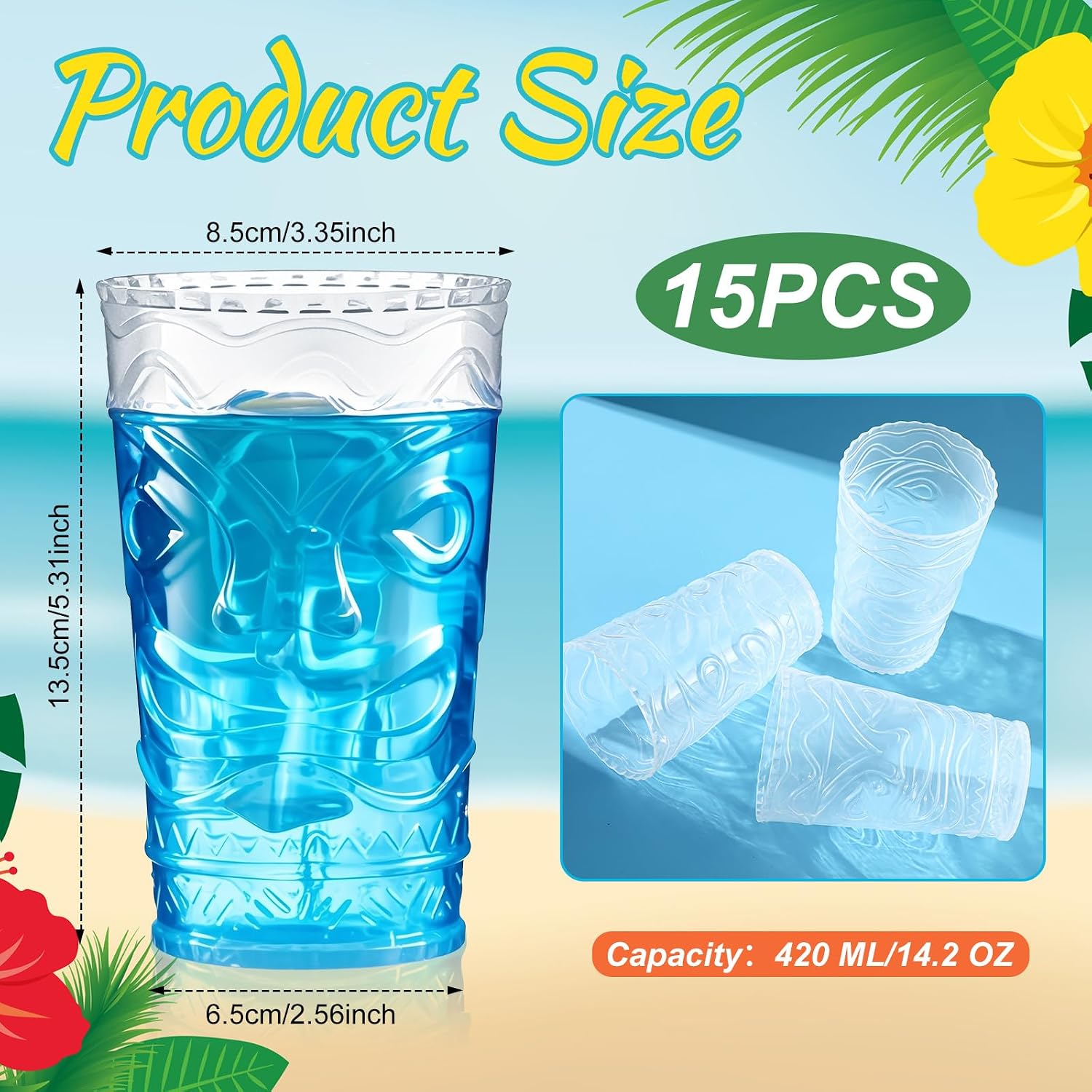 Qinyoung 15 Pcs Tiki Glasses Bulk 14 oz Hawaiian Tiki Plastic Cups for Cocktails Tropical Embossed Cup Reusable Bar Drinkware for Mai Tai, Pool, Luau Beach Party Supplies (Transparent)
