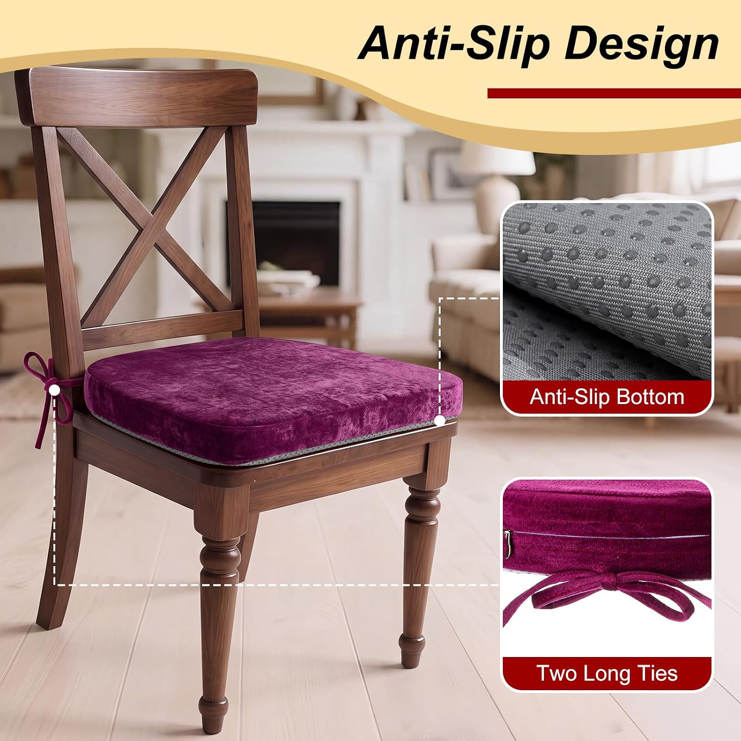 Geetery 4 Pack D-Shaped Velvet Chair Cushion for Dining 17"x16"x2" Thick Non-Slip Chair Pad and Removable Cover for Home Outdoor Patio Room Kitchen Indoor Seat Cushion (Purple)