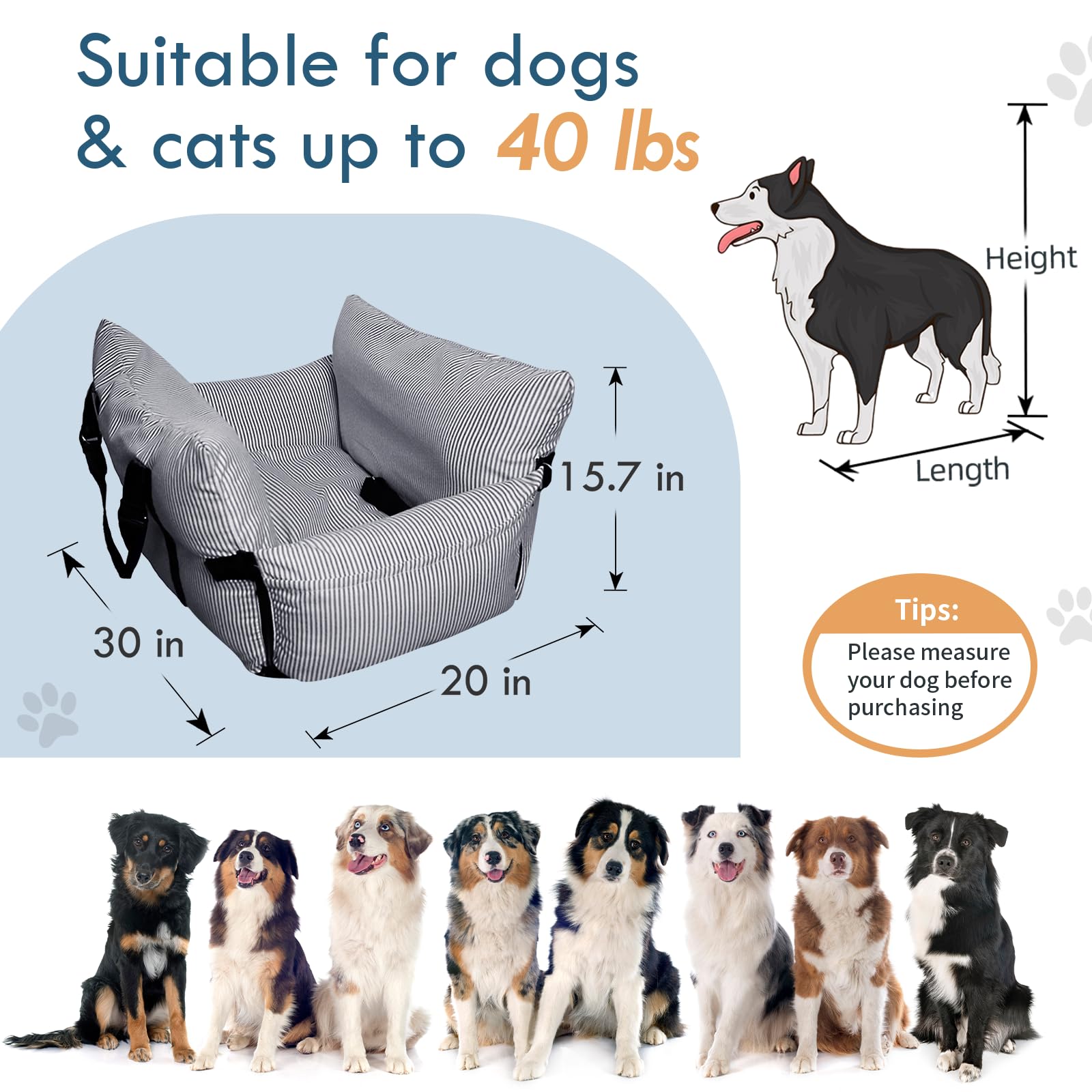 LELEFIDO Dog Car Seat for Small/Medium Dogs Under 40 lbs - Elevated Pet Seat with Safety Belt, Non-Slip Base, and Storage Pockets for Car Travel (Navy, 30 x 20.5 inch)