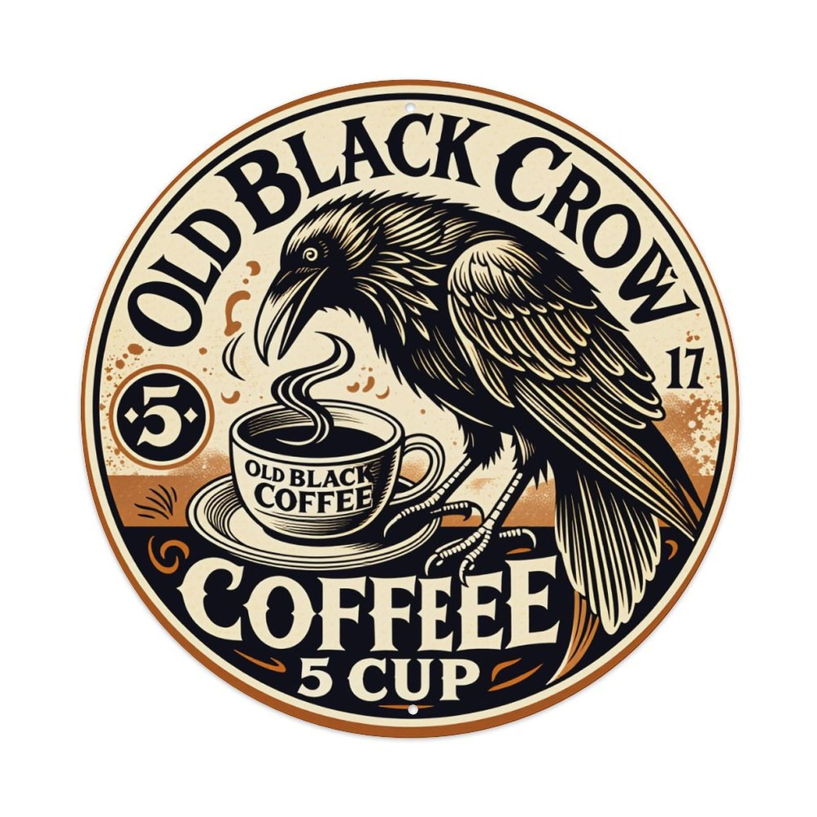 Crow Coffee Cup Steam Logo Round Tin Sign Vintage Metal Poster Retro Bar, Home, Man Cave, Kitchen, Laundry Room Wall Art Decor Gift 8x8Inch